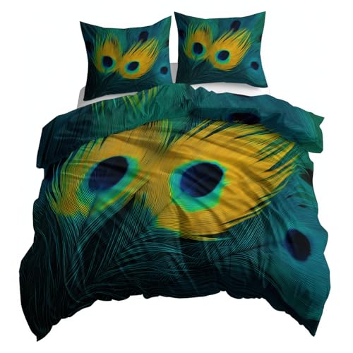 Bettwäsche-Set für Kinder 135 x 200 cm bettbezug mit Reißverschluss, 2 Kissenbezug 80x80 cm, dekoratives Abstrakte Pfauenfedern Muster für Mädchen und Jungen Schlafzimmer, weich und bügelfrei, Türkis