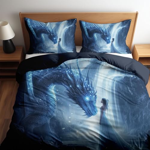 CozyRest Bettwäsche 135 x 200 cmDunkelblau Leuchtend Blauer Drache und Prinzessin 3 Teilig Bettwäsche Bettbezug Set Mikrofaser Bettbezüge für Erwachsene Kinder Teenager, mit 2 Kissenbezug 80x80 cm