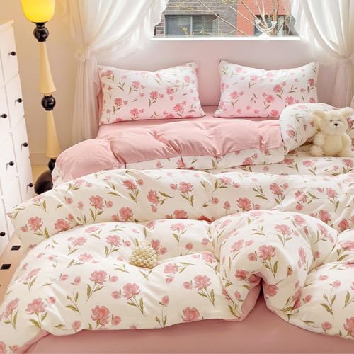Covebett Bettwäsche 155x220 Rosa Weiß Blumen Blümchen Pflanzen Muster Bettbezug Blumenmuster Aesthetic Weich Mikrofaser Renforcé Wendebettwäsche Set 2teilig mit Reißverschluss und Kissenbezüge 80x80cm
