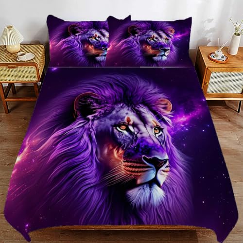 ZHDEDSP Lila Löwenbettwäsche-Set mit Kissenbezügen, Galaxie-Motiv, 155x220 cm Kissenbezug 80x80 cm