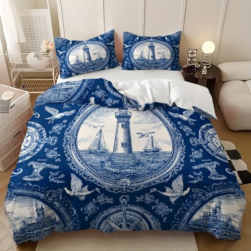 Bettwäsche 240x220 cm Leuchtturm Im Maritimen Stil Bettwäsche Sets 100% Mikrofaser Bettbezug, Bügelfrei&Knitterfrei Maschinenwaschbar Blau Wendebettwäsche, mit Kissenbezug 80x80