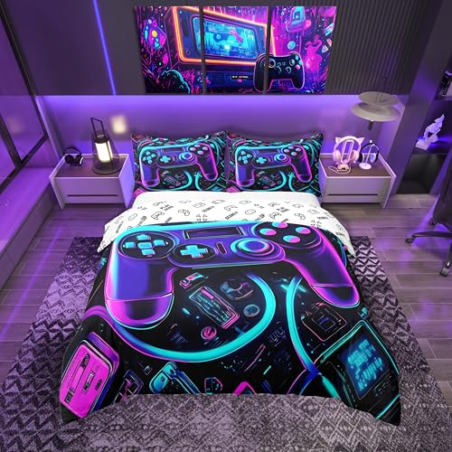 Loussiesd Gamer Bettwäsche Set 135x200cm Neon Gamer Betten für Kinder Jungen Mädchen Gaming Bettbezug Game Controller Bettwäsche-Set Schlafzimmer Collection