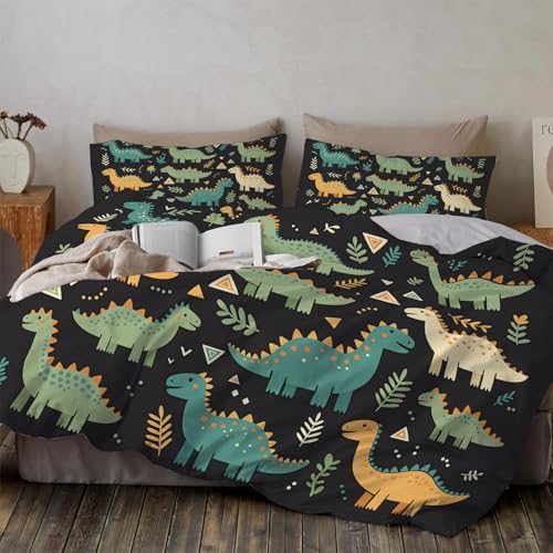 Bettwäsche 135*200cm Dunkelgrau Niedlicher,lächelnder Dinosaurier Bettbezug Set 2 Teilig Dreiecke und Punkte Tieren Blümchen Blumenmuster Weich Bettwäsche-Sets mit 1 Kissenbezüge und Reißverschluss