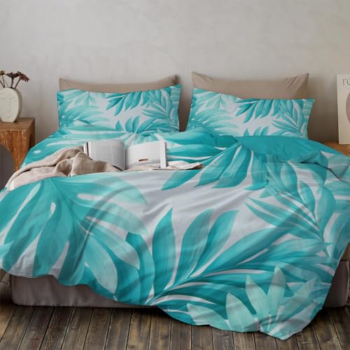 WunM Studio Bettwäsche 200 * 200cm Türkis Palmenblätter Muster Pflanzen Wende Bettwäsche Set Bunt Microfaser Tropische Blätter Bettbezug mit Reißverschluss und 2 Kissenbezug 80x80 cm