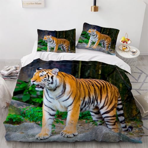 Generisch 3D Tiger Bettwäsche 155x220 cm 3teilig Tiger Bettbezug mit Reißverschluss 100% Mikrofaser Leicht Atmungsaktive Bettwaren Set mit 2 Kissenbezüge 50x75?Muster 28-19?