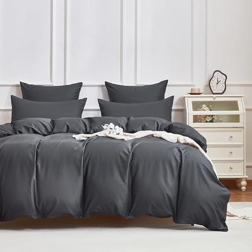 Gezu 100% Baumwolle Bettwäsche 200x200cm Grau Anthrazit Mako Satin Bettwäsche Baumwollesatin 3 Teilig Einfarbig Uni Ästhetik Weich Bettbezug Set 200x200cm mit 2 Kissenbezug 80x80 und Reißverschluss