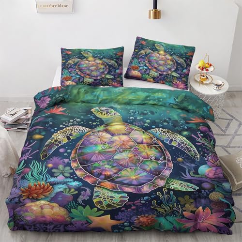 Schildkröte Deko - Schildkröte Bettwäsche 135x200 Winter, Unterwasser Bettbezug 135 x 200 2er Set mit 1 Kissenbezug 80x80, Weiche Mikrofaser Winterbettwäsche mit Reißverschluss J*&50