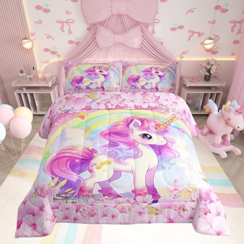 Cartoon-Einhorn-Kinder-Be ttwäsche-Set, King-Size-Bett, Sakura-Kirschblüte, japanisches Bettwäsche-Set, Mädchen und Frauen, Raumdekoration, Regenbogen-Einhorn, niedliche Daunendecke, rosa lila,