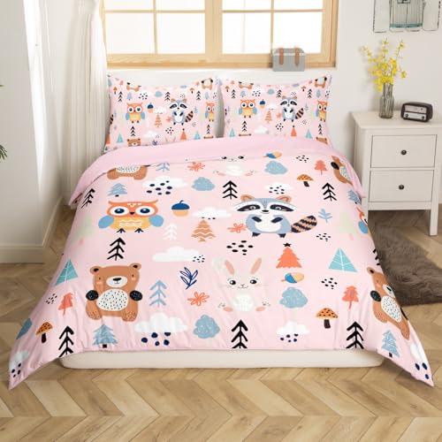 Loussiesd Nette Tiere Bettwäsche-Set Eule Eichhörnchen Bettwäsche Set 135x200cm Schöne Kaninchen Bär Druck Bettbezug Mädchen Jungen Mikrofaser Natur Bäume Zoo Tiere Bettwäsche mit Reißverschluss