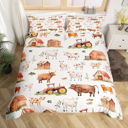 Homewish Bauernhof Tiere 135x200 Bettbezug,Land Land Kuh Tröster Bezug für Jungen Mädchen,Kinder Cartoon Traktor Bettwäsche Set,Rustikale Bauernhaus Bettbezug