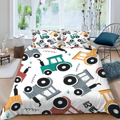 MOXINO 3D Cartoon Traktor Bettwäsche 200x200 cm 3teilig Cartoon Auto Bettwäsche für Teenager Leicht Mikrofaser Bettbezug Sommer Weiche Bettbezüge mit 2 Kissenbezüge 50x75?Muster 141-7?