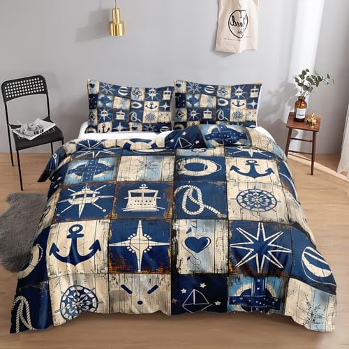 HOSIMA Nautische Bettwäsche,135 x 200 cm,Blau Retro Anker Kompass,Bettwäsche Set 1 Bettbezug,1 Kissenbezug,mit Reißverschluss, geeignet für Kinder, Jugendliche und Erwachsene