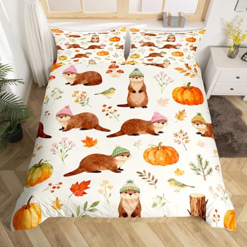 feelingyou Kawaii Otter Kinder Bettdecke S Größe Herbstkürbisblätter Decken Abdeckung für Schlafzimmer Rustikale niedliche Tier Beige Braun Bettwäsche Set(1 Kissenbehälter)