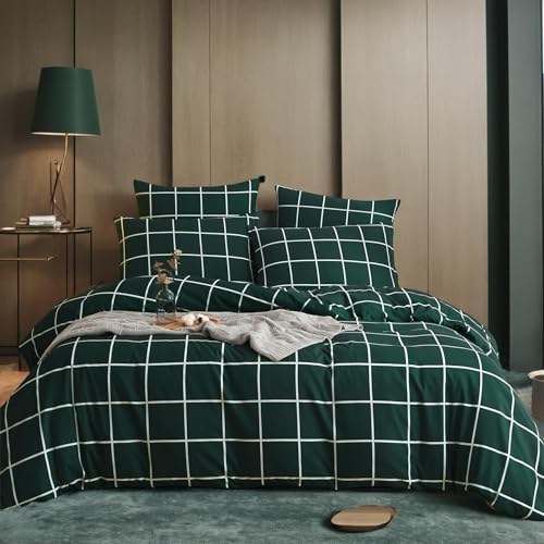 Gezu Karierte Bettwäsche 135X200cm Grün Schwarz 4 Teilig Karo Bettbezug Set Zweiteilig Geometrisch Muster Microfaser Modern und 2 Kissenbezüge 80x80cm mit Reißverschluss