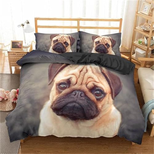 NUEYSP Bettwäsche 200x220 Mops Bettwäsche-Sets 3D-Motiv, Mikrofaser, 1 Bettbezug 200x220 + 2 Kissen 80x80 mit Verdecktem ReißVerschluss für Mädchen Jungen.