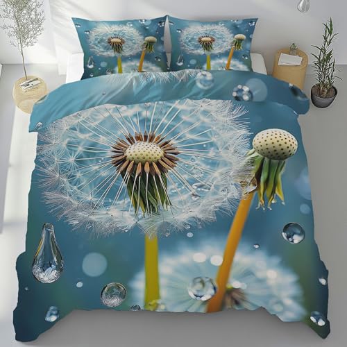 Kntnshac Pusteblume Bettwäsche 135x200, Tautropfen Wassertropfen Microfaser Bettwäsche-Set, Natürlicher Pastoralstil Wendebettwäsche mit Reißverschluss?Enthält 1 Bettbezug und 2 Kissenbezug 80x80 cm