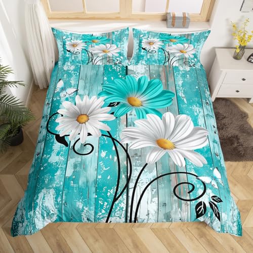 Homewish Rustikale Blume Bettbezug Bauernhaus Blumen Bettwäsche Set 135x200,Teal Daisy Land Bettwäsche für Frauen Erwachsene Holz Zimmer Dekor,Wildblumenpflanze Bett Set,Türkis Braun