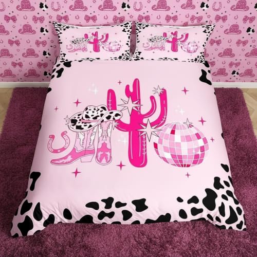 feelingyou Westlicher Cowboy Kinder Bettdecke S Größe Süße Kaktus Cowgirl Stiefel Decken Abdeckung für Schlafzimmer Pink Stars Milch Drucken Bettwäsche Set(1 Kissenbehälter)