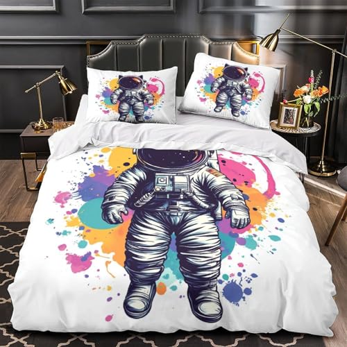 WTORIMPEL Weltraum-Astronaut 3D Bedruckt Bettbezug 3teilig Mikrofaser versteckter Reißverschluss buntes Cartoon-Design Deckenbezug 2 Kissenbezüge pflegeleicht Paare Familie Double?200x200cm?
