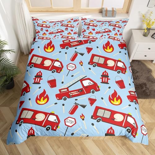 Bettwäsche 220x240 Cartoon-Feuerwehrauto 3D Bettwäsche-Sets Feuerwehr und Rettungsdienst 3 Teilig Superweich Mikrofaser Bettbezug und 2 Kissenbezüg 80×80cm mit Reißverschluss u.1271