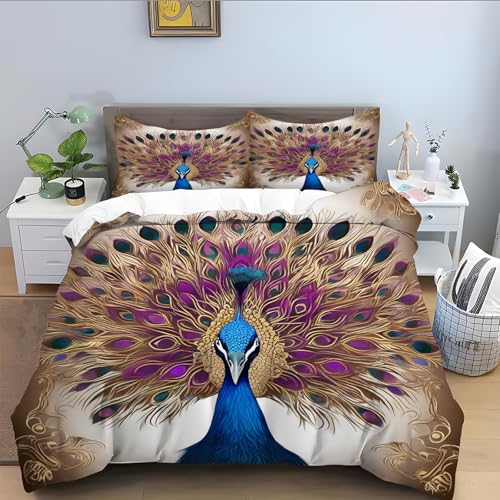 Bettwäsche 220x240 für Pfauenmuster,Beige Bettbezug 3 Teilig, Mikrofaser 220x240 Bettwäsche Set Weicher Atmungsaktive, Bettbezüge mit Reißverschluss Schließung und 2 Kissenbezug 80x80 cm-Golden A452