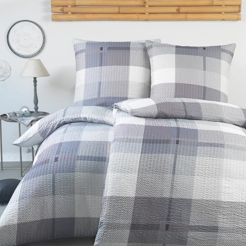 BaSaTex Seersucker Bettwäsche Set Mikrofaser Polyester 135x200 cm | Reißverschluss| 100% Microfaser | 2 teiliges Set | Design: Kaspar