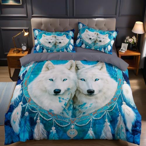 Türkis Bettwäsche 135 x 200 cm Tier Wolf 3D Druck Kinder Bettwäsche Set Mikrofaser Bettbezug mit Reißverschluss und Kissenbezug 80 x 80 cm