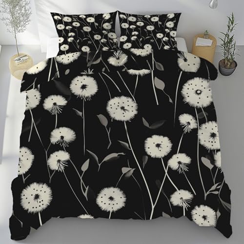 Tyafsgvqo Pusteblume Bettbezug 155x220 cm, Schwarz Weiß Löwenzahn Deckenbezug 3 Teilig Bügelfrei, Pflanzenmuster Bettwäsche Set Atmungsaktiv Kühlend Mikrofaser mit 2 Kissenbezug 80x80 cm