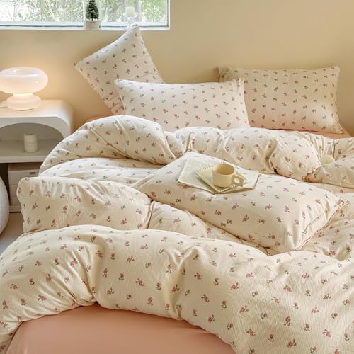Covebett Bettwäsche 200x220 Rosa Weiß Blumen Blümchen Blumenmuster Botanisch Bettwäsche Set Blumenwiese Pflanzenmuster Gewaschene Microfaser Bettbezug mit Reißverschluss und 2 Kissenbezug 80x80
