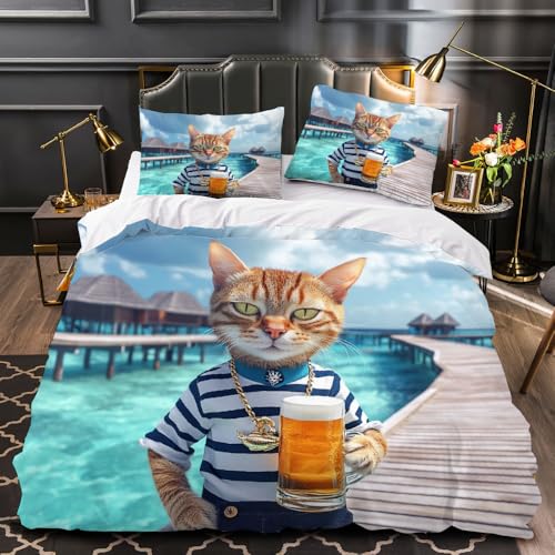 Bettwäsche 135x200 cm Anthropomorphe Katze Bettbezug Kissenbezüge 3D Bedrucktes Bettwäsche-Set Süße Katze Bettbezüge Weiche Mikrofaser-Baumwolle für Teenager Erwachsene (135x200+2 * 80x80)