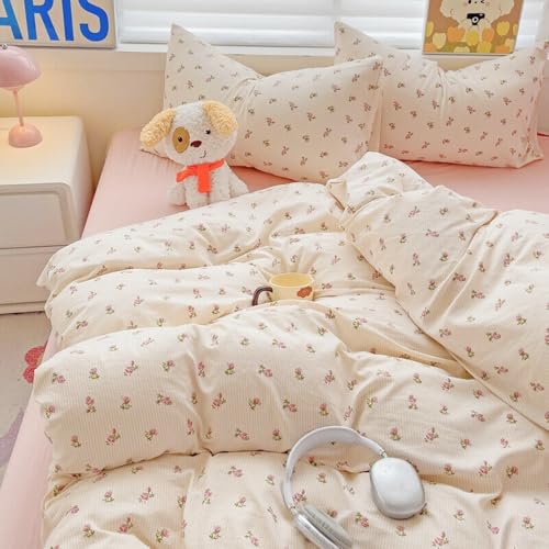 AShanlan Bettwäsche 155x220 Beige Rosa Blumen Landhausstil Style Bettbezug 2teilig Pink Rose Aesthetic Blumenweise Gestreift Mikrofaser Bettwäsche-Sets mit Reißverschluss und Kissenbezug 80x80