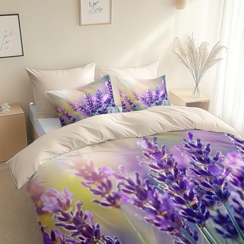 Wende Bettwäsche Blumen Lavendel Bettbezug 240 x 220 cm + 80 x 80 cm Beige-Rosé Weich 3 teiligs Atmungsaktiv Microfaser Betten Set mit Reißverschluss
