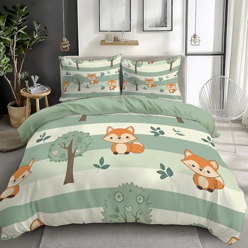 Quixora 3-teilig Bettwäsche Set Salbeigrün Bettbezüge für Kinder und Teenager, mit Karikatur Niedlich Fuchs Und Bäume Thema 135 x 200 cm + 2 Kissenbezügen, Dekor-Bettwäsche