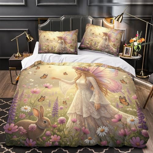 RJAVAGFZL Schmetterlingsfee 3D-Bedruckt 3er-Set Bettdeckenbezug Fantasiegartenszene Bettbezug Mikrofaser Reißverschluss Staubmilbenfest für Jugendliche Kinder Erwachsene Single?140x200cm?