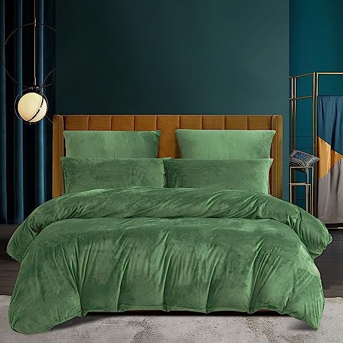 Luofanfei Winter Plüsch Kuschelig Bettwäsche 155x220 Grün Salbeigrün Samt Thermo Fleece Flausch Microfleece Nicky Wende Bettwäsche Set Warm Weich Teddy Plüsch Bettbezug Wintermotiv mit Reißverschluss
