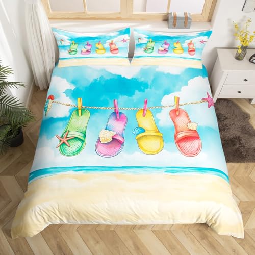 Homewish Sommerstrand bettbezug Set für Kinder Jungen Mädchen Bunte Flip-Flop Bettwäsche 220x240cm Sommer Am Meer Hawaii Bettwäscheset Aquarell Meerwellen bettset zimmerdekor Mikrofaser 3 teilig