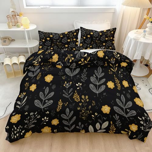 Wende Bettwäsche 240 x 260 cm Atmungsaktive Mikrofaser Landhausstil Pflanze Wildgras Muster Bettbezug mit Reißverschluss, Schwarz Weiche Bettbezug Set mit 2 Kissenbezüge 80 x 80 cm