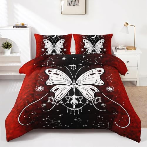 3-teiliges Schmetterling-Bettwäsche -Set, Gothic-Bettwäsche-Set für Mädchen und Erwachsene, Schlafzimmer- oder Raumdekoration, Ganzjahresdecke, Mikrofaser-Steppdecke mit 2 Kissenbezügen für Geschenke