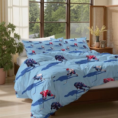 Bettwäsche 200*200cm Marineblau Lebendiges Eishockey Bettbezug Set 3 Teilig Illustrationsstil mit Sportbezug Blümchen Blumenmuster Weich Bettwäsche-Sets mit 2 Kissenbezüge 80x80 cm und Reißverschluss