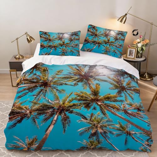 Hongduo 3D Palmblatt Bettwäsche 135x200 cm Weich Mikrofaser Meer Bettwäsche-Sets mit Reißverschluss 3 Teilig Bettbezüge mit 2 Kissenbezug 80x80 cm