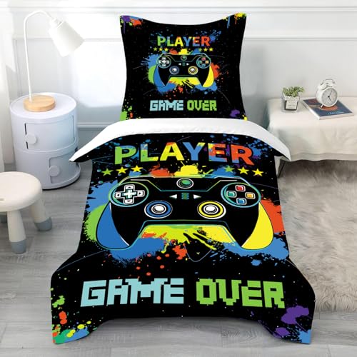 CINYE Gamepad Gamer Bettwäsche FüR Kinder Jungs Spieler Kinderbettwäsche 135x200 cm Jungen Mit 1 Kissenbezug 80×80 cm 3D Gedruckt Muster Mikrofaser Schwarz