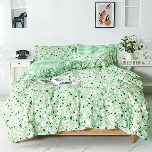 HRBK Grün Bettwäsche 135x200 Blümchen Bettwäsche Set mit Reißverschluss 110gsm Mikrofaser Bequem Atmungsaktiv Bettbezug und 2 Kopfkissenbezug 80x80 cm