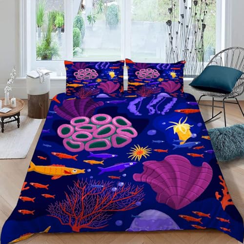 MOXINO 3D Maritime Bettwäsche 135x200 cm 2teilig Fisch Bettwäsche für Kinder Leicht Mikrofaser Bettbezug Sommer Weiche Bettbezüge mit Kissenbezüge 80x80?Muster 118-20?