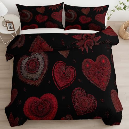 Srigzcaly Bettwäsche 200x220cm Tief Weinrot Herz, SchwarzWende Bettwäsche Set 3D Druck Microfaser Bettbezug und 2 Kissenbezug 80x80cm mit Reißverschluss - Bettdecke Set Schlafzimmer Dekor