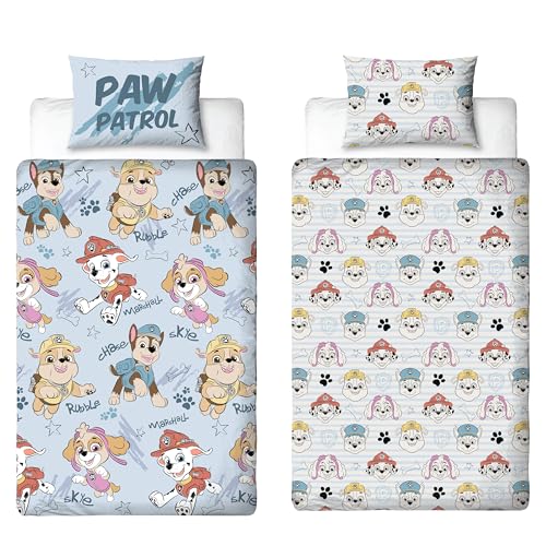 Paw Patrol Offizielles Kinder-Bettwäsche-Set, skizzenhaftes Design, wendbar, zweiseitig, blau, inkl. passendem Kissenbezug mit Rubble, Chase, Marshall und Skye
