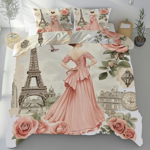 Sshjfeu Eleganter Weibliche Bettwäsche 140x200 3 Teilig Microfaser Weich, Vintage Eiffelturm Bettwäsche-Sets mit 2 Kissenbezug 80x80cm, Romantisch Rose Bettdeckenbezug Set mit Reißverschluss