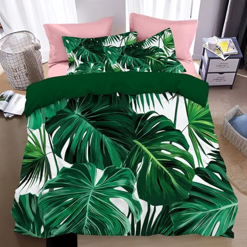 WunM Studio Bettwäsche 200 * 200cm Weiß Tropische Blätter Palmblätter Bettbezug Set 3 Teilig Grüne Monstera Blümchen Blumenmuster Weich Bettwäsche-Sets mit 2 Kissenbezüge 80x80 cm und Reißverschluss