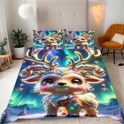 Zbeiba Bettwäsche 135x200 Sternenhimmel Aurora Elch Muster 3D Drucke geeignet für Teenager Kinder Bettwäsche Set Mikrofaser Bettbezug Reißverschluss 2 Kissenbezug (135x200+2 * 50x75,#6