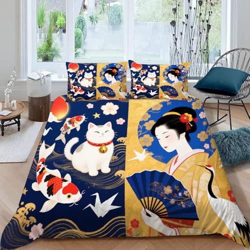 Bettwäsche 135x200 cm Japanische Geisha Orientalische Ästhetik 3D-Bedrucken Weich Mikrofaser Bettzeug Set, 1 Bettbezug mit Reißveschluss und 1 Kissenbezug 50x75 cm (Dx10305)