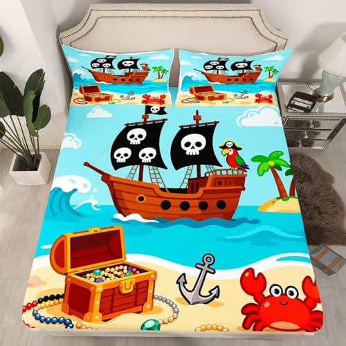 Manfei Cartoon-Piraten Einbaublech M Größe,Cartoon Papagei Krabbe Küstenkreatur Bettwäsche Sets Mädchen Jungen Erwachsene Zimmer Dekor,Nautisches Segeln Ozean Bettblatt, 1 Kissenbezug